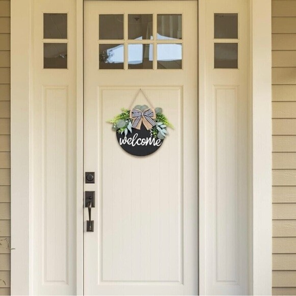 Welcome Wood sign Eucalyptus Farmhouse Wreath Rustic Buffalo Bow Front Porch. - Picture 6 of 9
